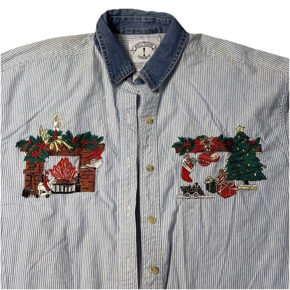 Solutions Original Christmas Embroidered Shirt Womens Medium Blue Stripe 90s - Picture 3 of 9